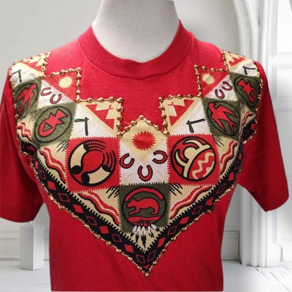 Vintage 80s Screen Stars Red Single Stitch Southwest Puffy Paint Tee USA Size S - Picture 1 of 12